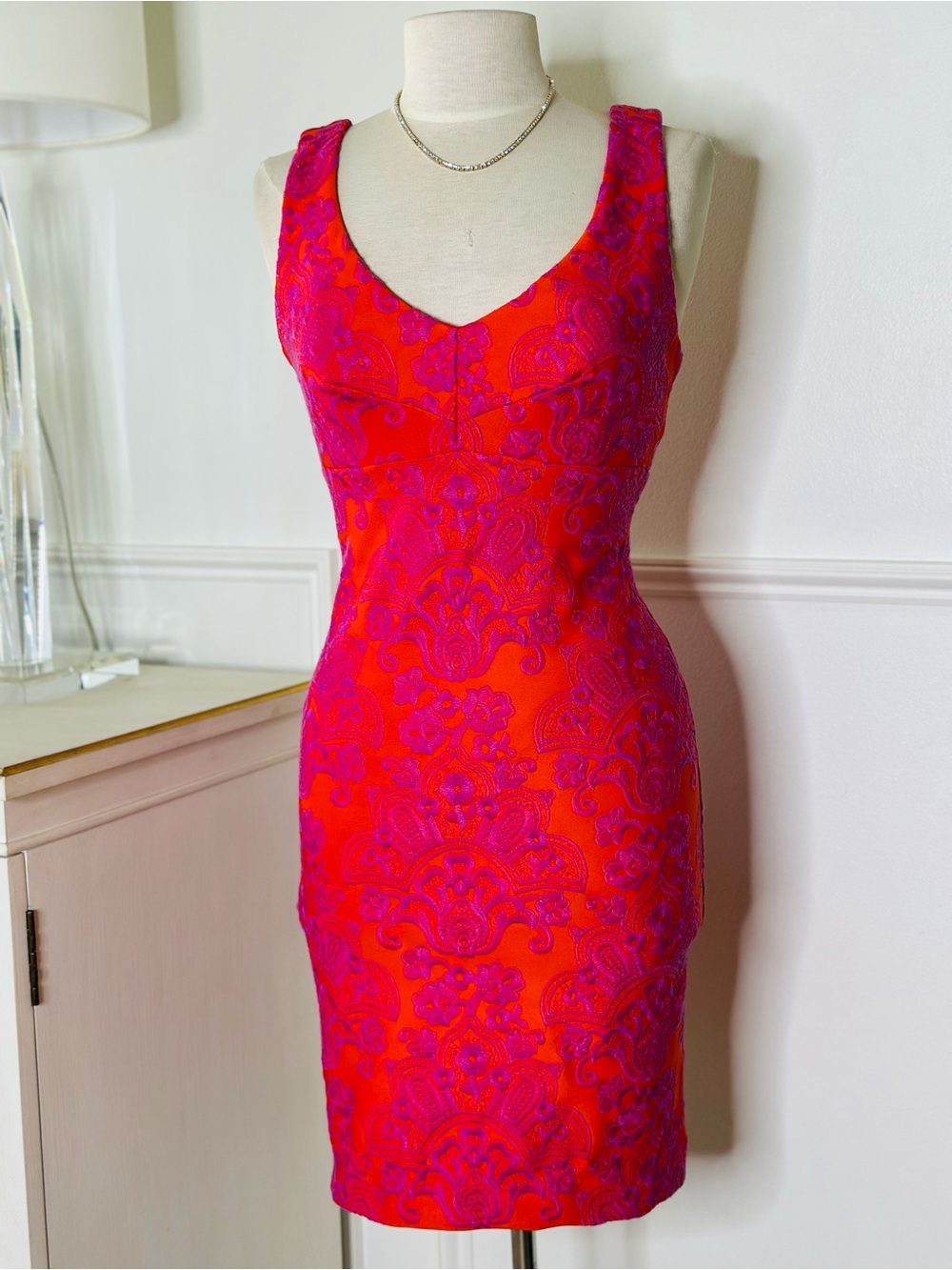 Nicole Miller Fuchsia and Red Jacquard Scoop-Neck Mini Dress